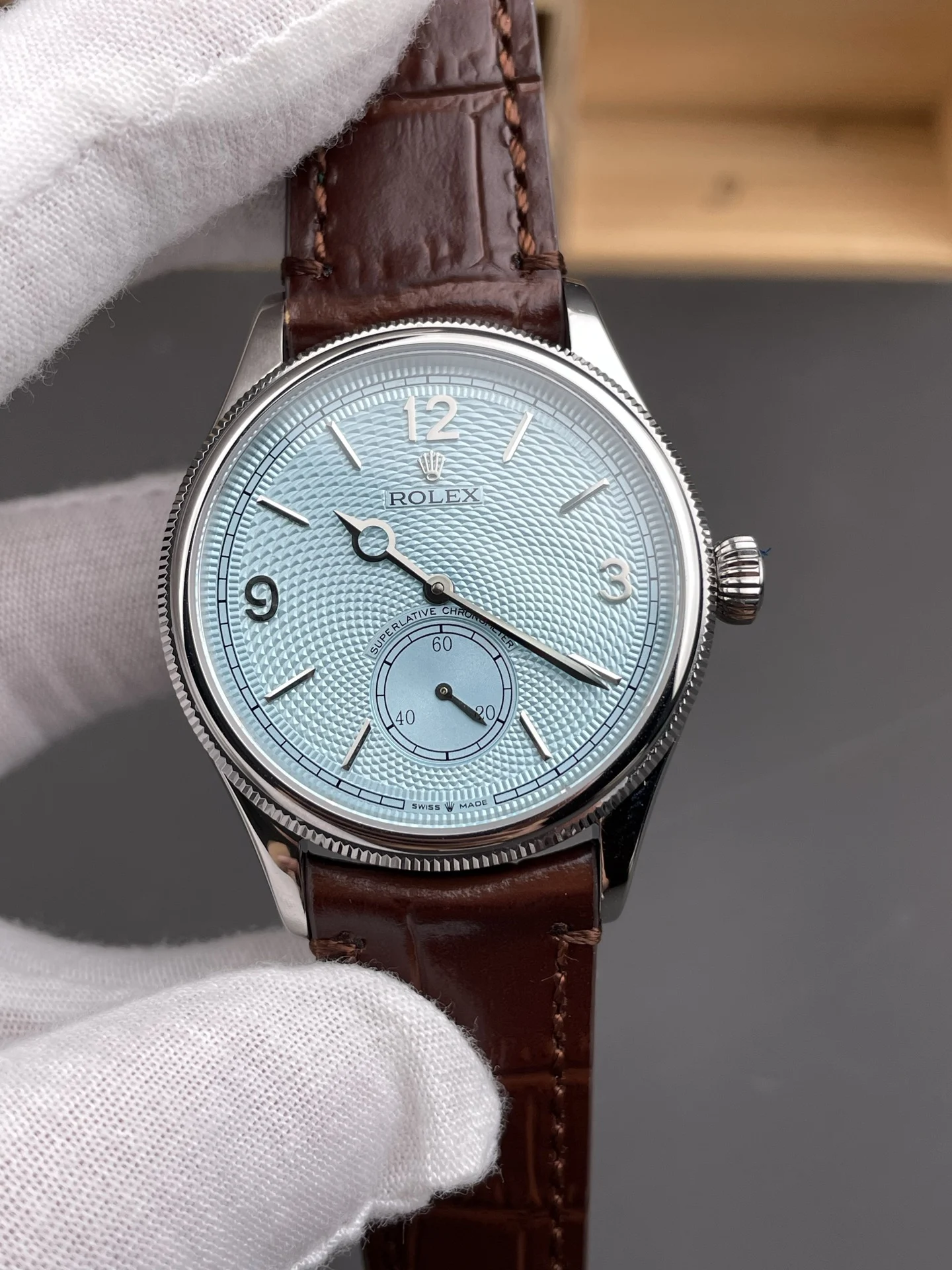 Rolex Oyster Perpetual Ice Blue Blue Dial 39mm — photographed off the sweep
