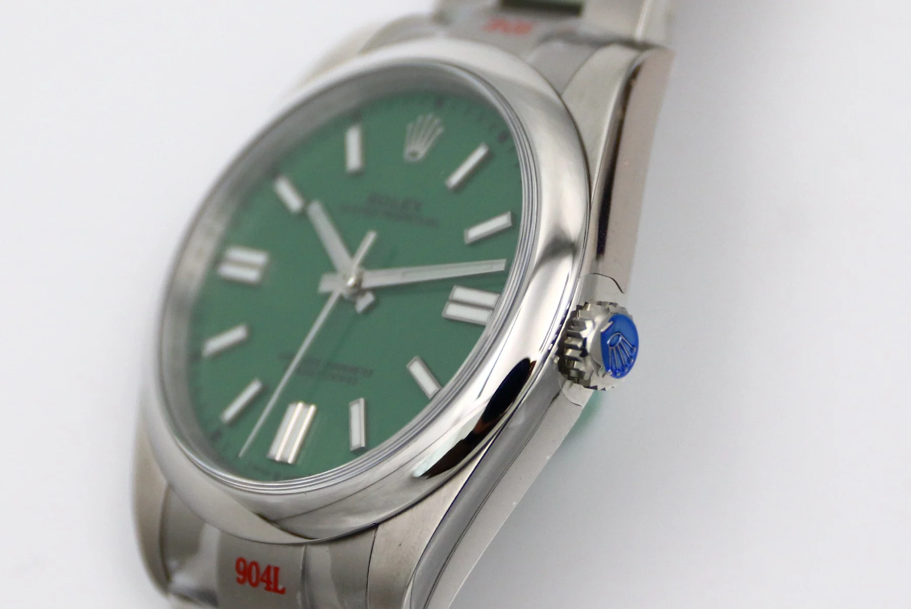Rolex Oyster Perpetual Ice Blue Steel Blue Dial 41mm — photographed off the sweep