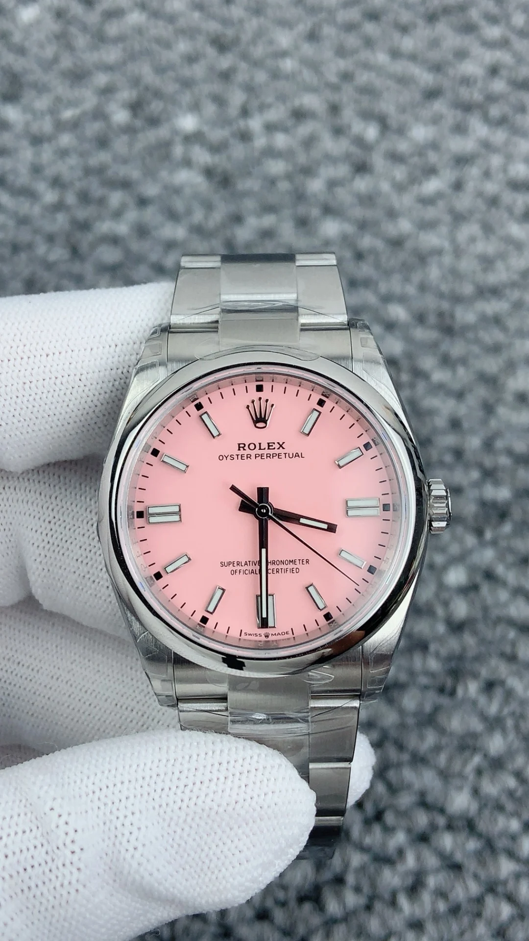 Rolex Oyster Perpetual Pink Dial 36mm — photographed off the sweep
