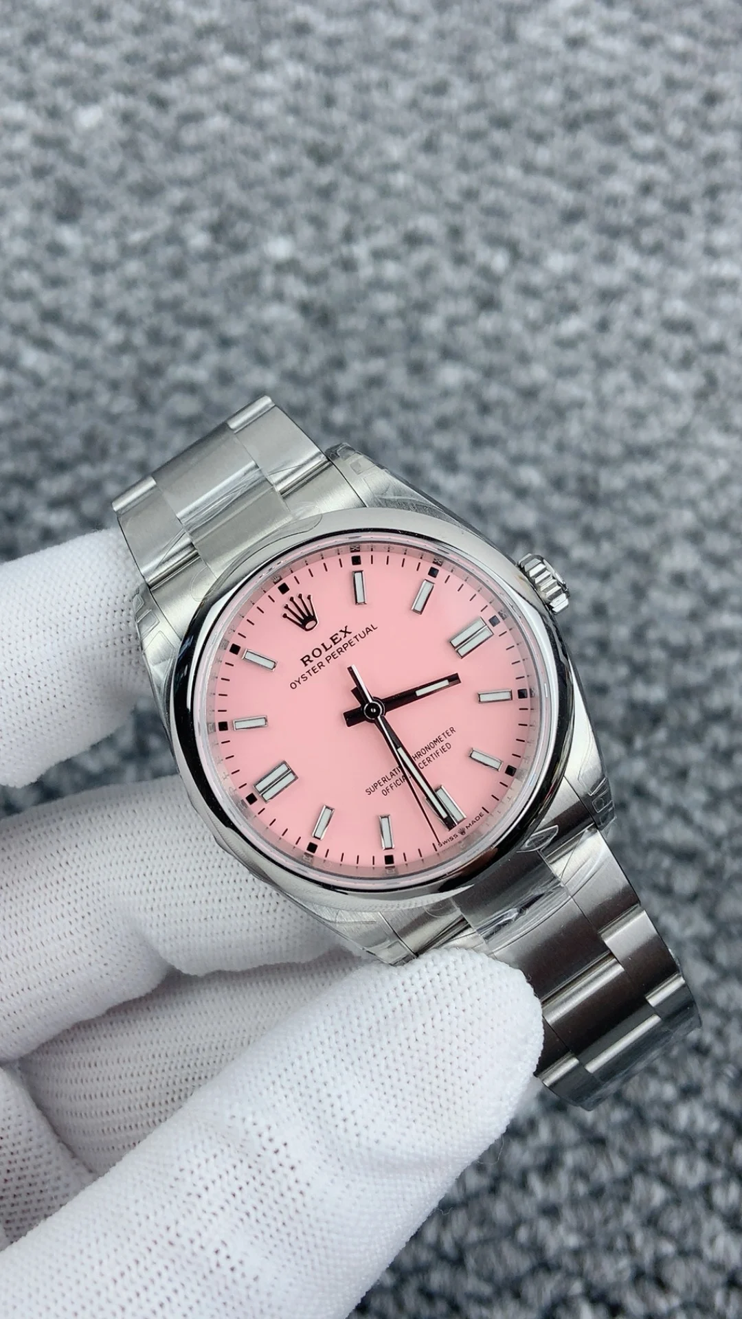 Rolex Oyster Perpetual Pink Dial 36mm — photographed off the sweep
