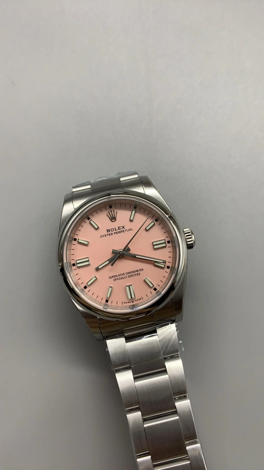 Rolex Oyster Perpetual Pink Dial 36mm — photographed off the sweep