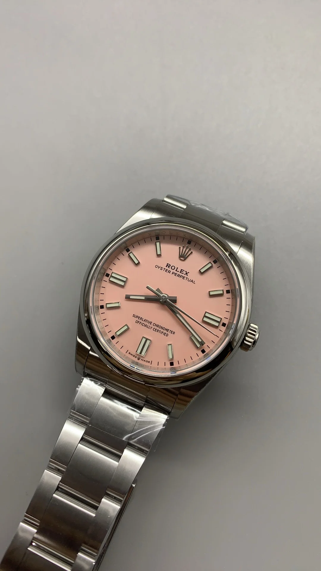 Rolex Oyster Perpetual Pink Dial 36mm — photographed off the sweep