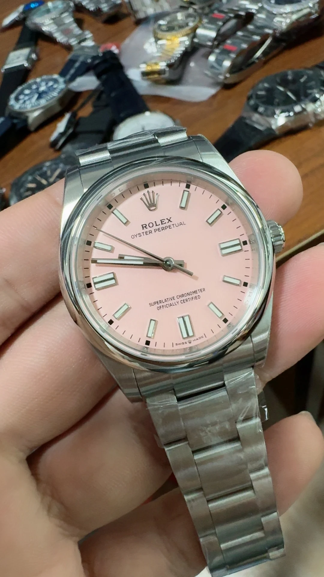 Rolex Oyster Perpetual Pink Dial 36mm — photographed off the sweep