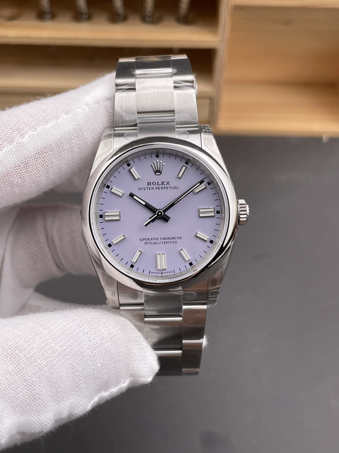 Rolex Oyster Perpetual Purple Dial 36mm — photographed off the sweep