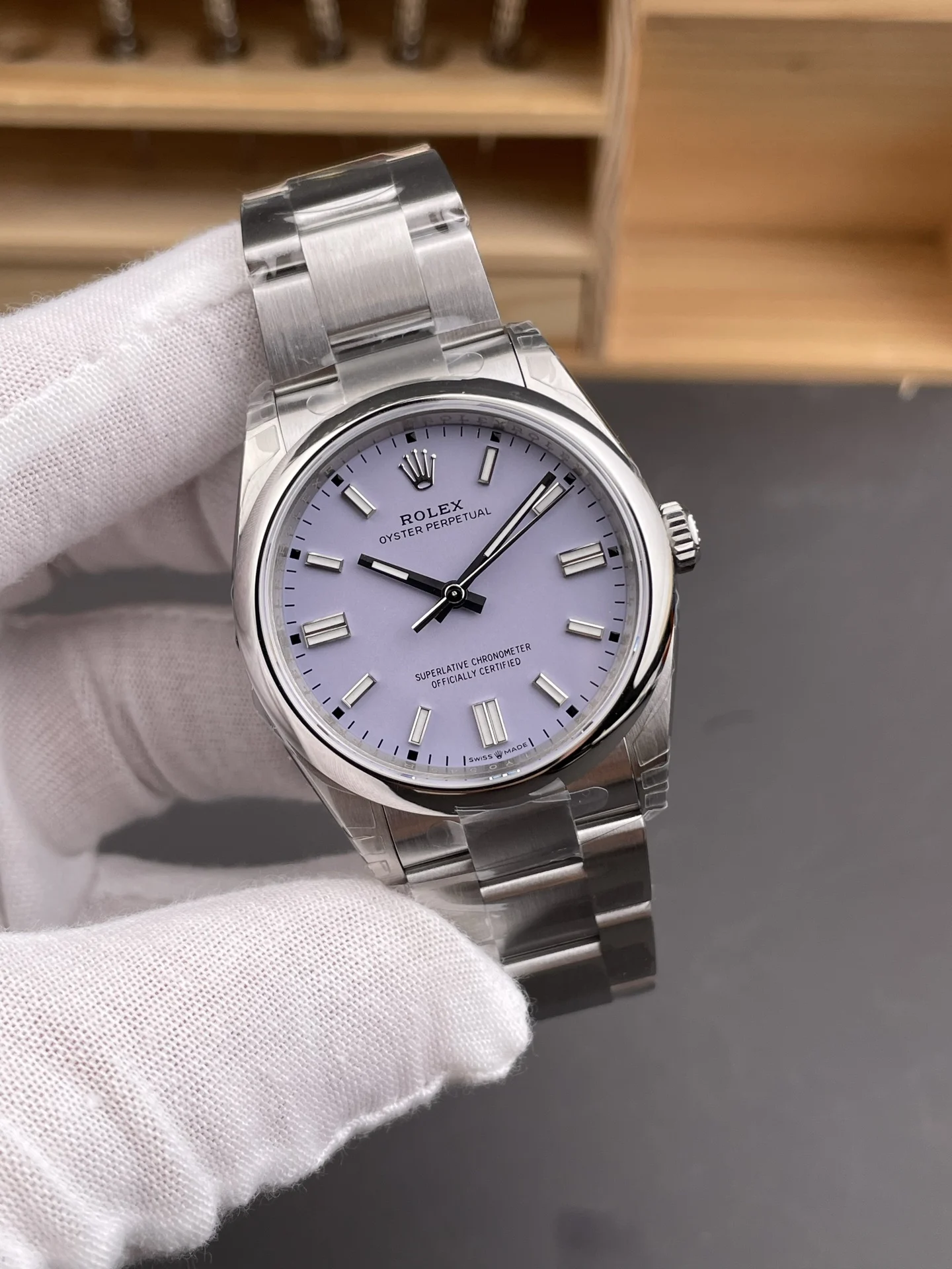 Rolex Oyster Perpetual Purple Dial 36mm — photographed off the sweep