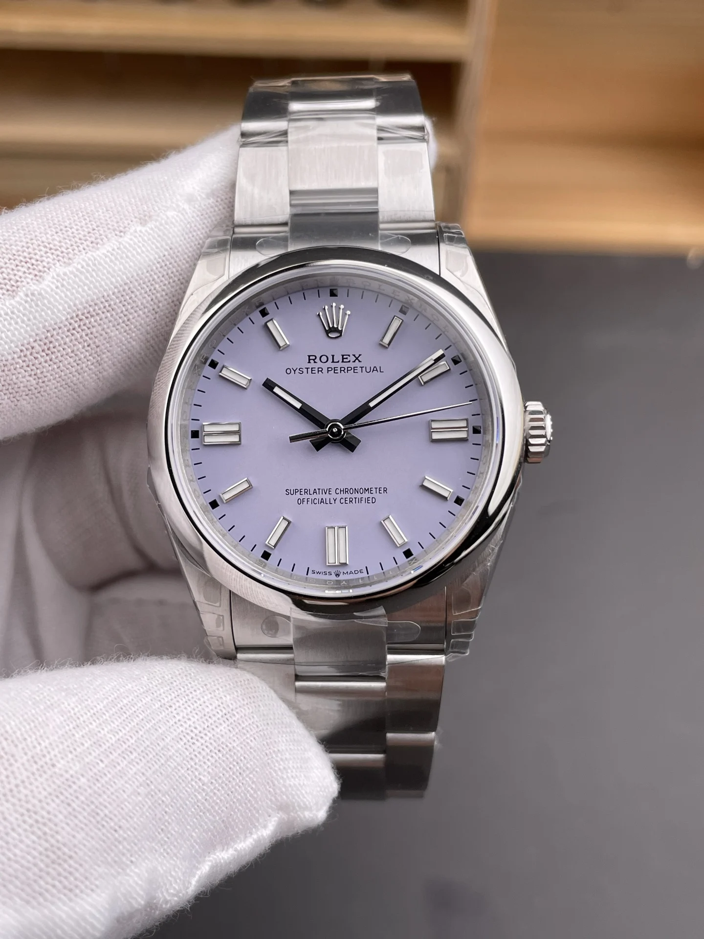 Rolex Oyster Perpetual Purple Dial 36mm — photographed off the sweep