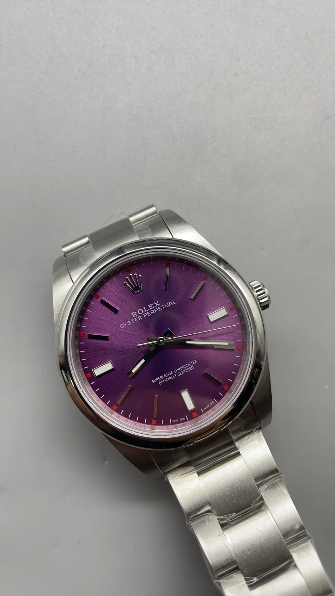 Rolex Oyster Perpetual Purple Dial 39mm β photographed off the sweep