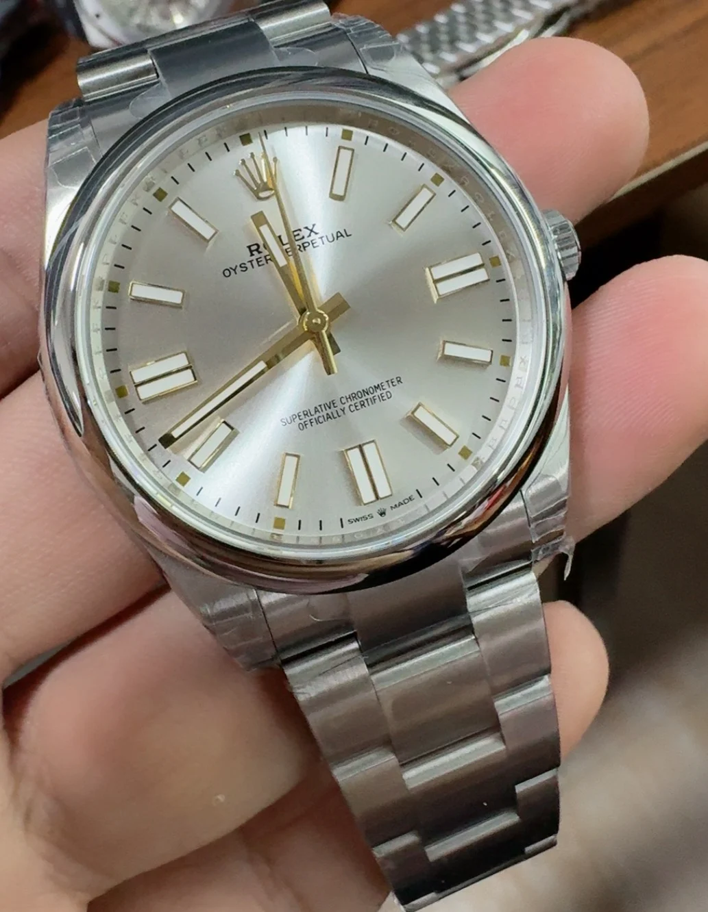 Rolex Oyster Perpetual Silver Dial — photographed off the sweep