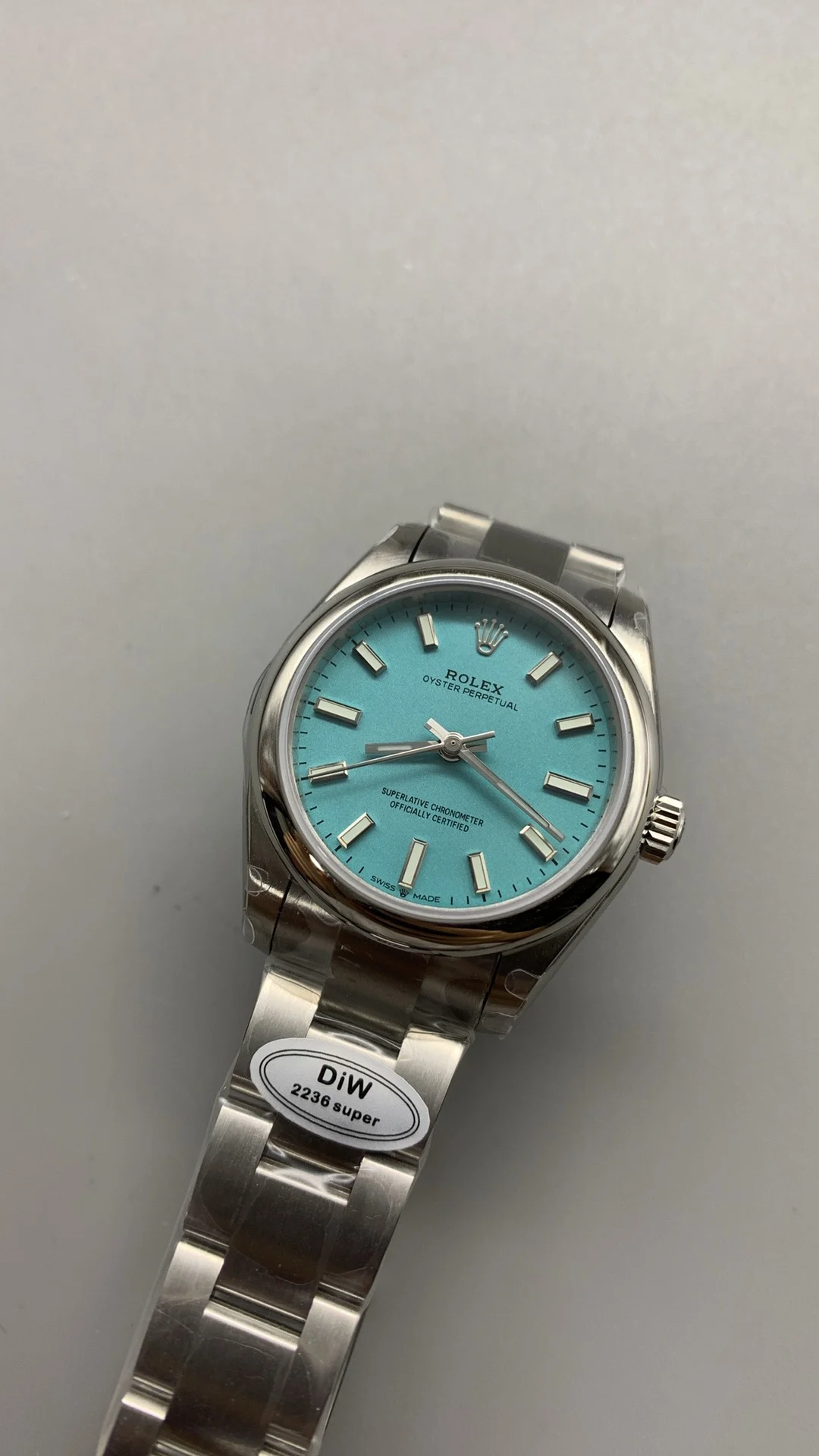 Rolex Oyster Perpetual Tiffany Blue Dial 31mm — photographed off the sweep