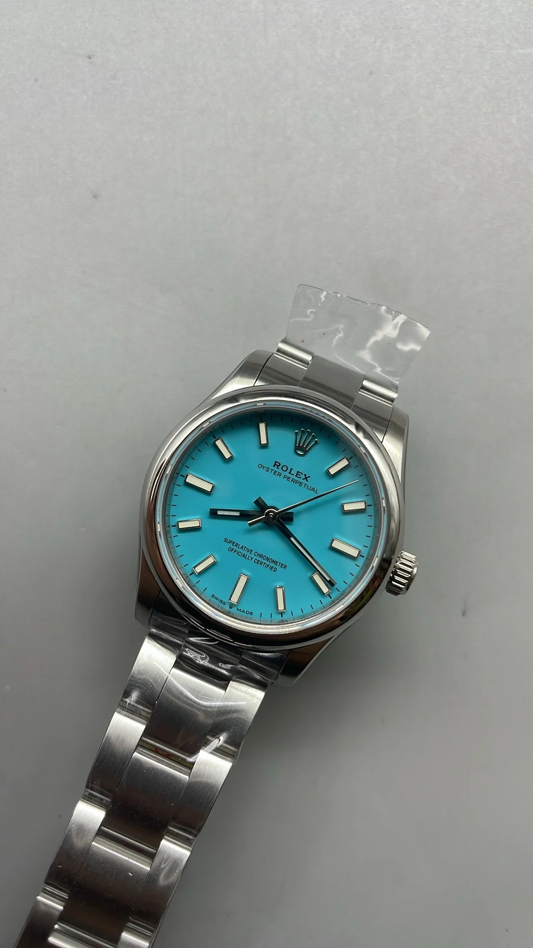 Rolex Oyster Perpetual Tiffany Blue Dial 31mm — photographed off the sweep