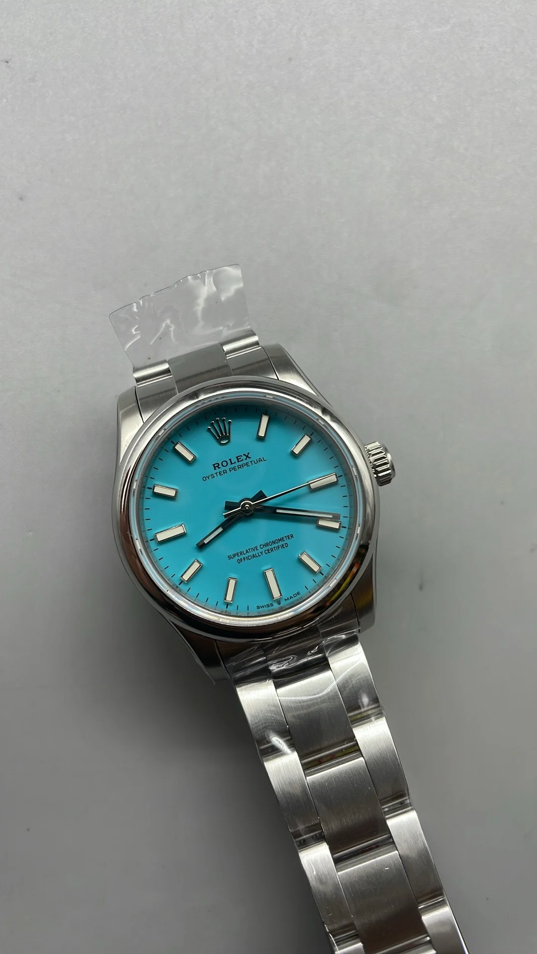 Rolex Oyster Perpetual Tiffany Blue Dial 31mm — photographed off the sweep