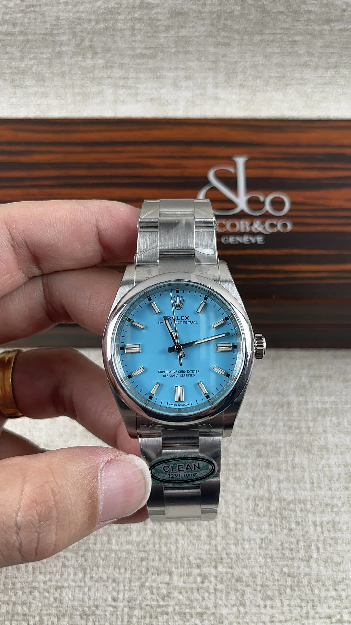 Rolex Oyster Perpetual Tiffany Blue Dial 36mm — photographed off the sweep