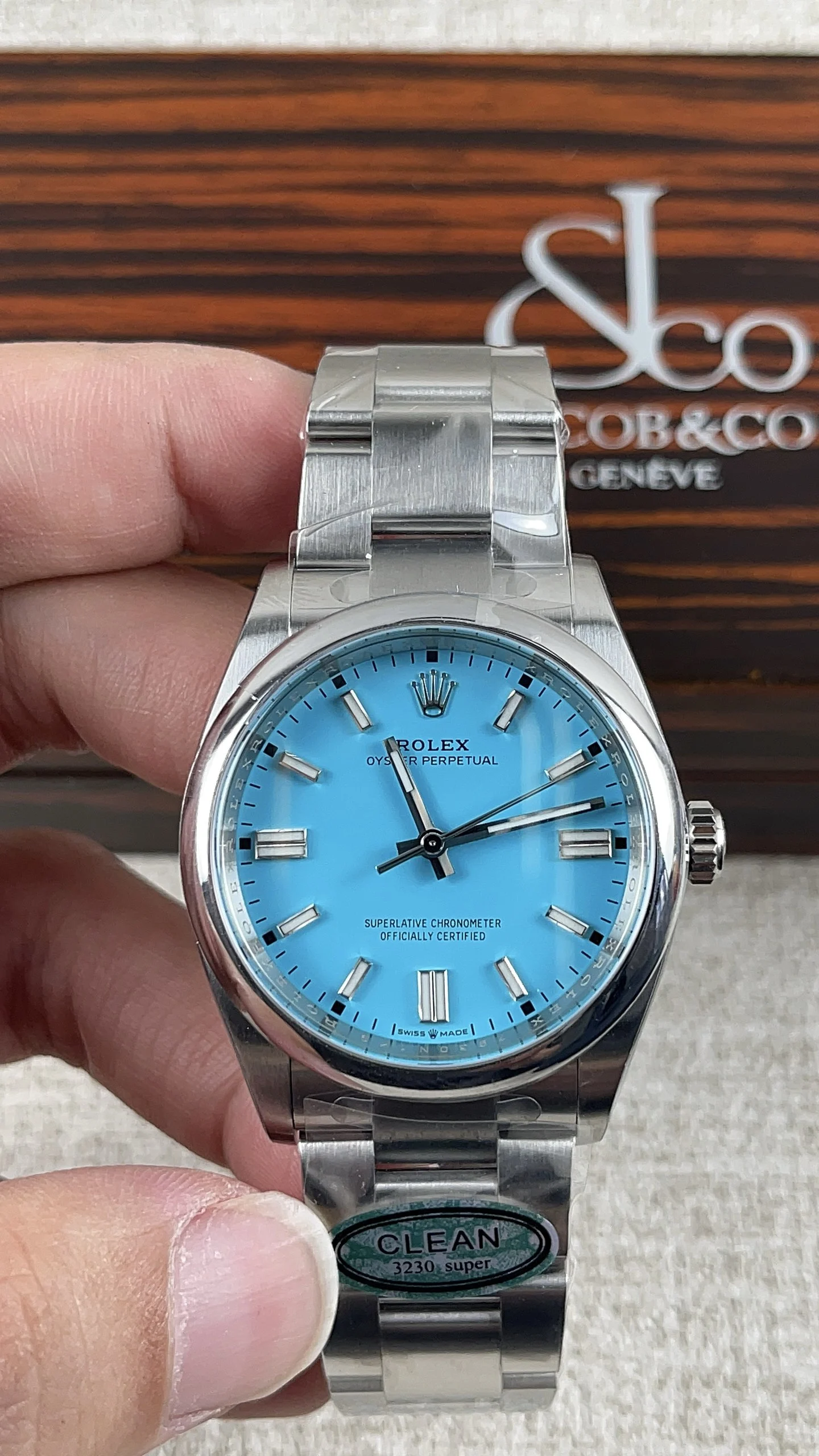 Rolex Oyster Perpetual Tiffany Blue Dial 36mm — photographed off the sweep