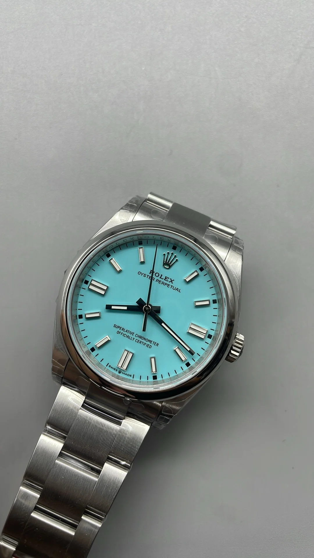 Rolex Oyster Perpetual Tiffany Blue Dial 36mm — photographed off the sweep