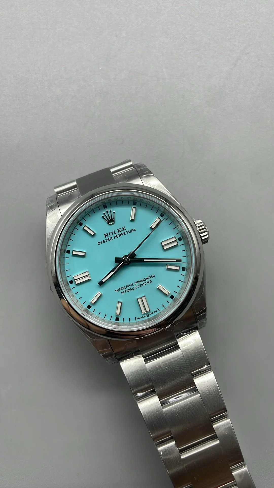 Rolex Oyster Perpetual Tiffany Blue Dial 36mm — photographed off the sweep