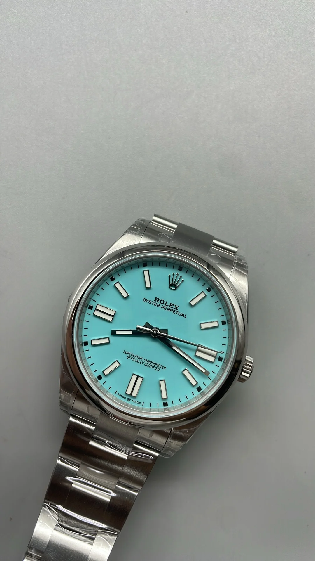 Rolex Oyster Perpetual Tiffany Blue Dial 41mm — photographed off the sweep
