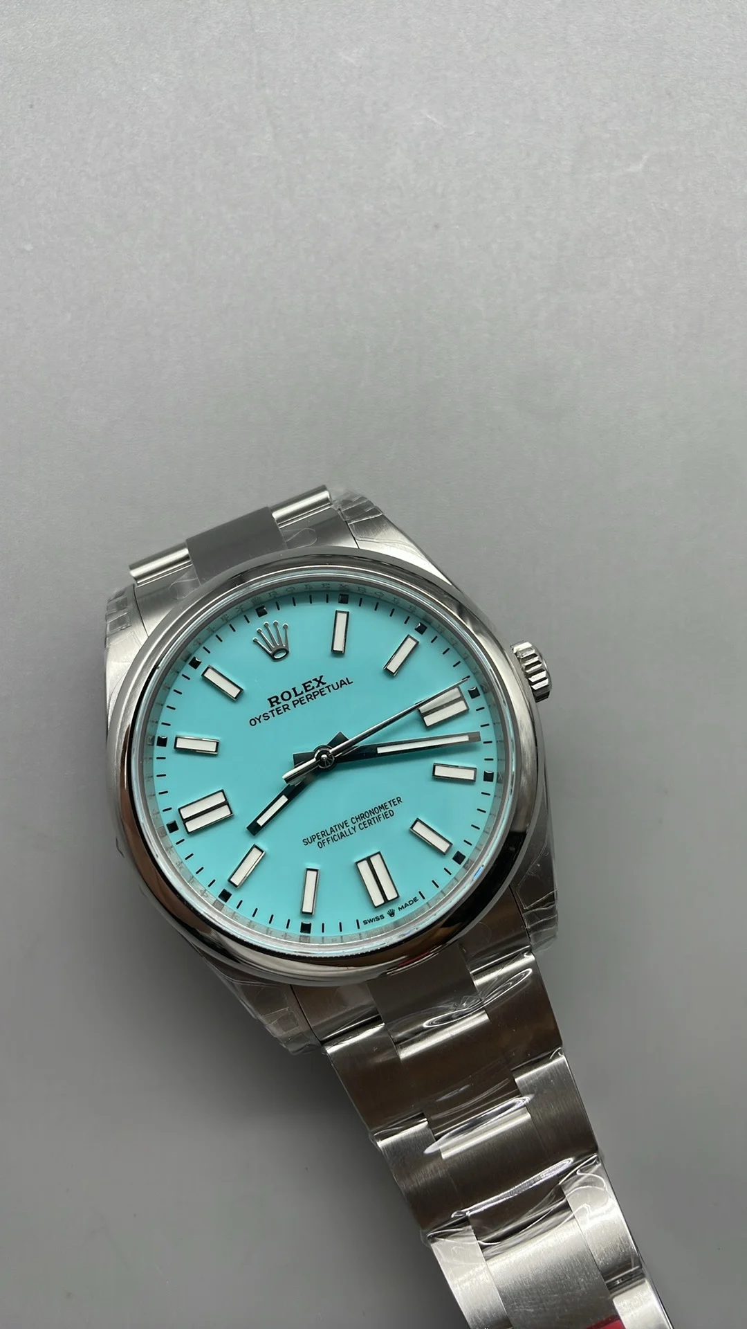 Rolex Oyster Perpetual Tiffany Blue Dial 41mm — photographed off the sweep