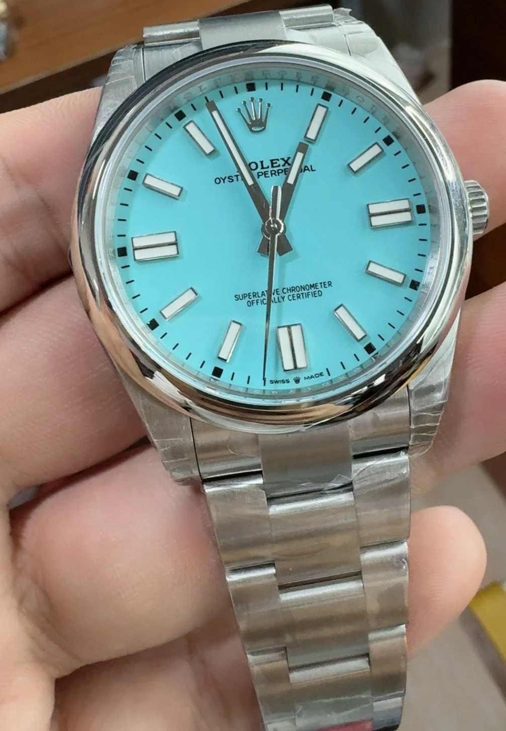 Rolex Oyster Perpetual Tiffany Blue Dial 41mm — photographed off the sweep