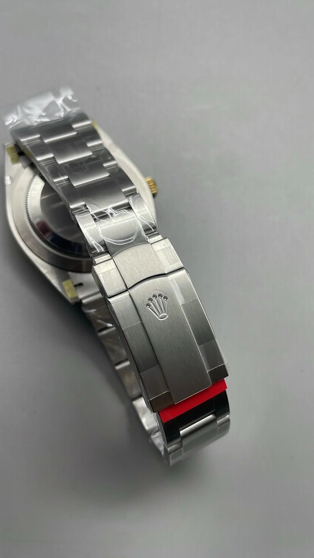 Rolex Oyster Perpetual Two-Tone Grey Dial 41mm — photographed off the sweep
