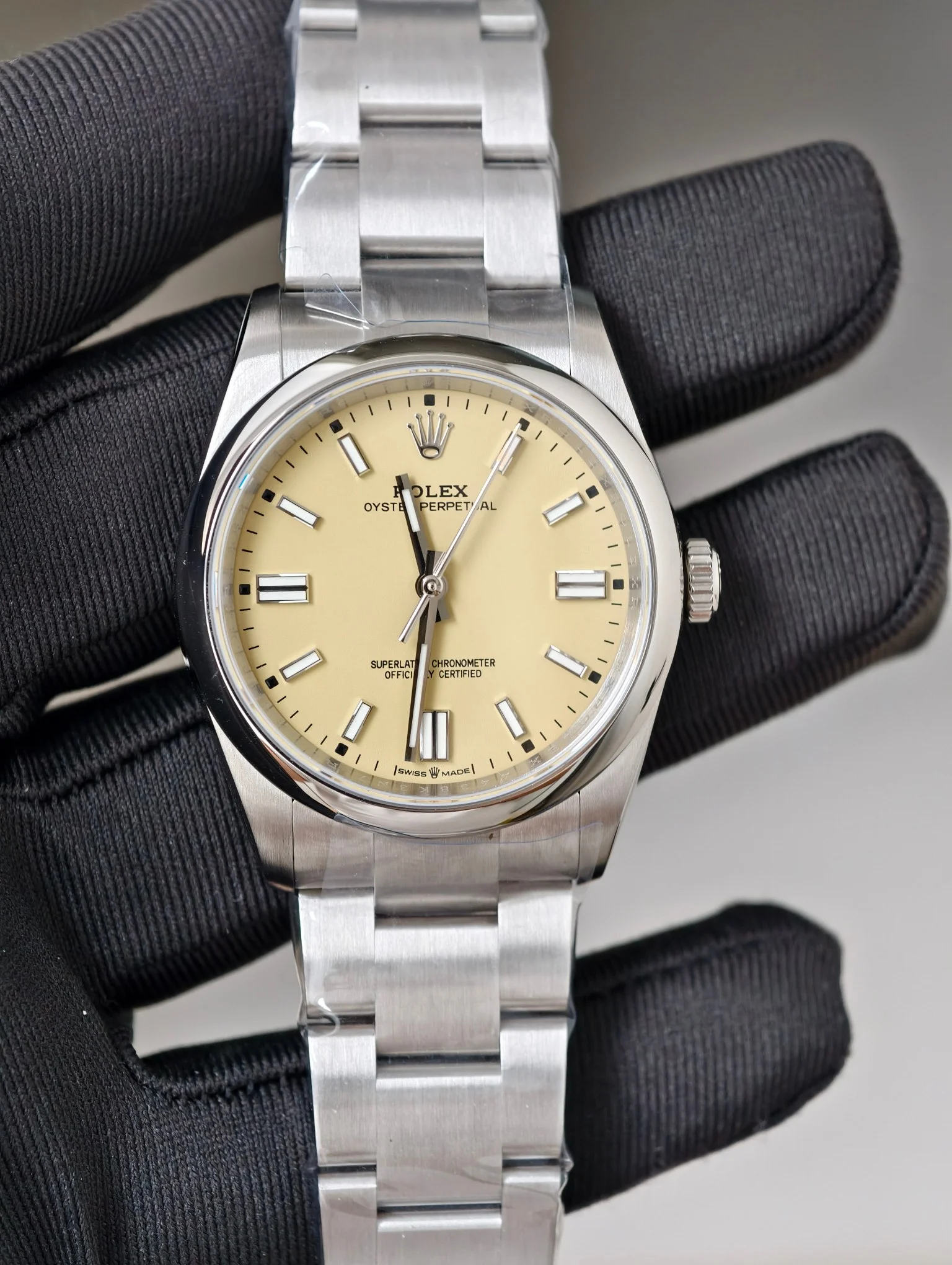 Rolex Oyster Perpetual Yellow Dial 36mm — photographed off the sweep