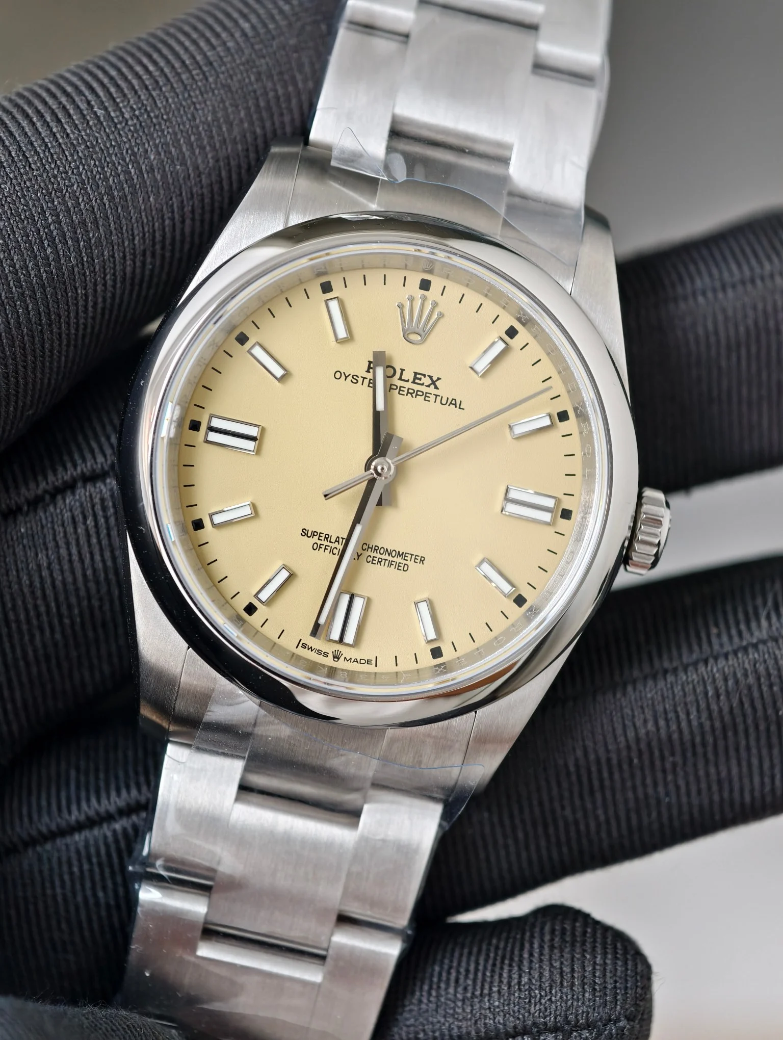 Rolex Oyster Perpetual Yellow Dial 36mm — photographed off the sweep