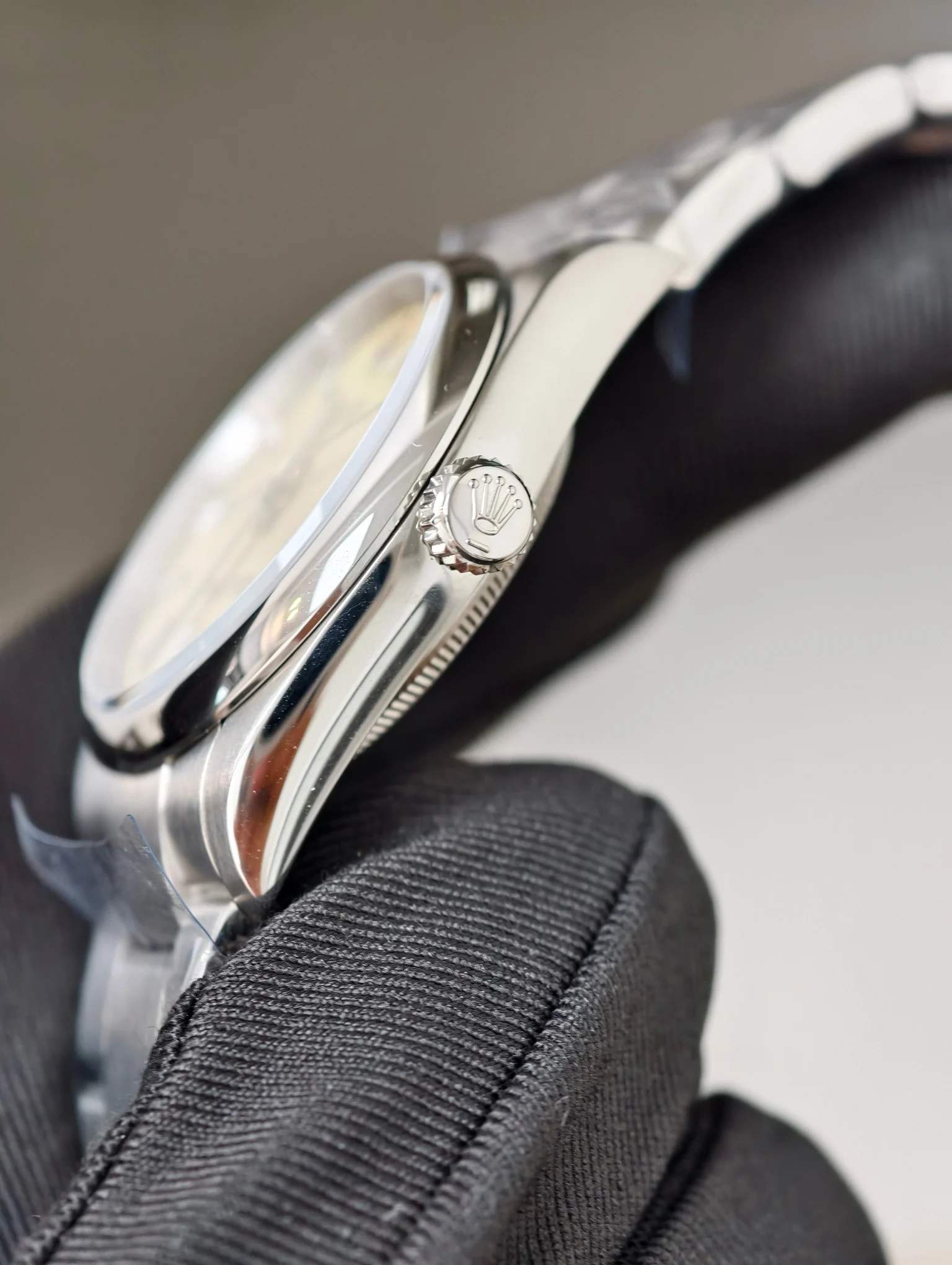 Rolex Oyster Perpetual Yellow Dial 36mm — photographed off the sweep