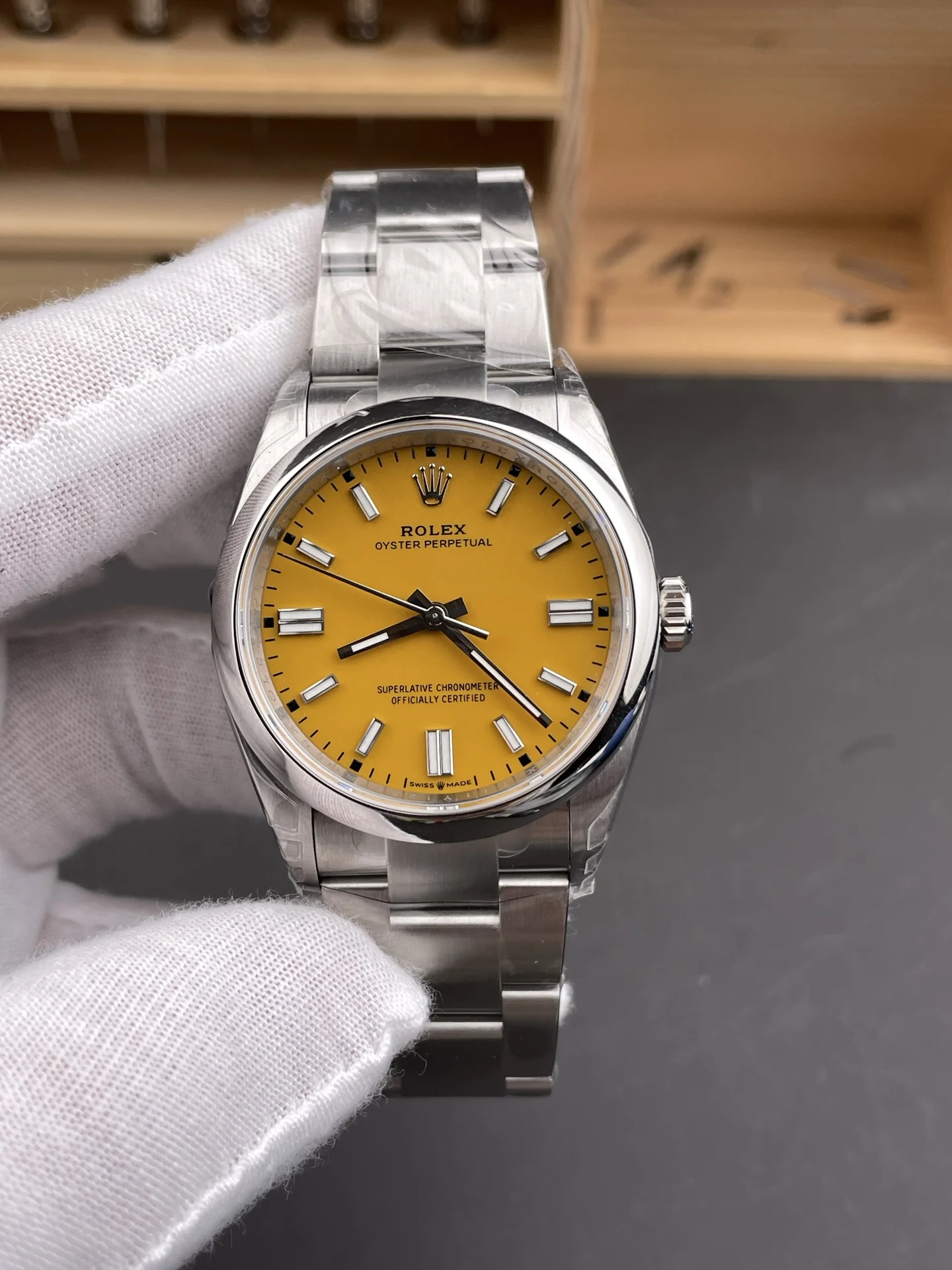 Rolex Oyster Perpetual Yellow Dial 36mm — photographed off the sweep