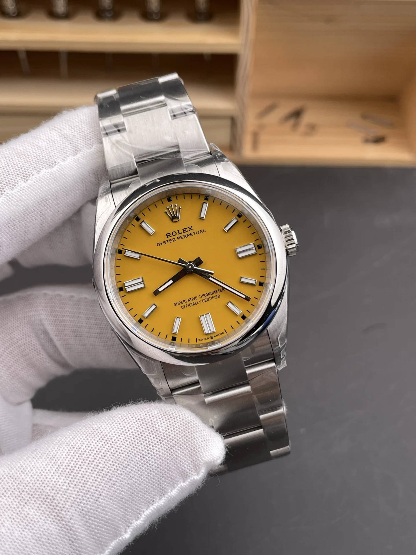 Rolex Oyster Perpetual Yellow Dial 36mm — photographed off the sweep