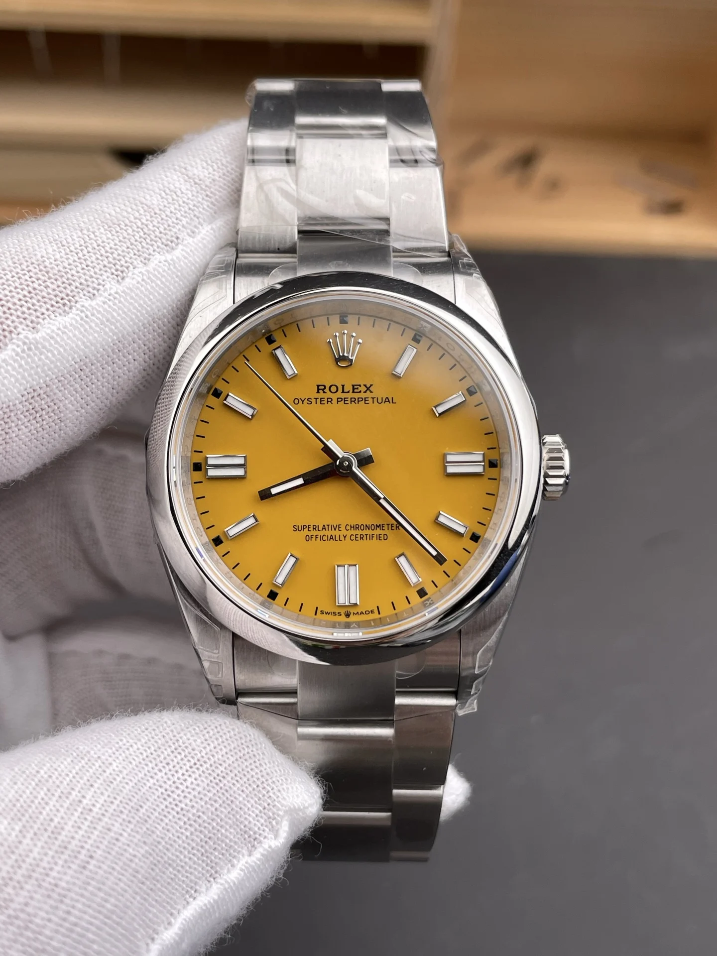 Rolex Oyster Perpetual Yellow Dial 36mm — photographed off the sweep