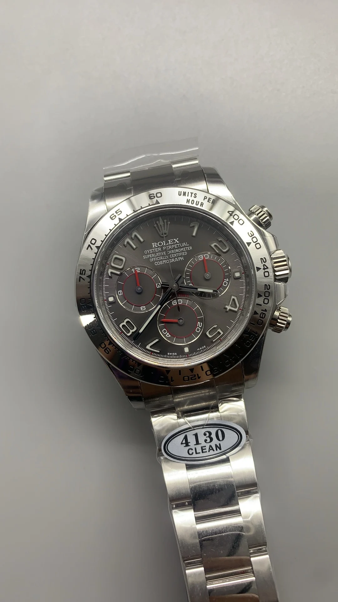Rolex Platinum Grey Dial — photographed off the sweep