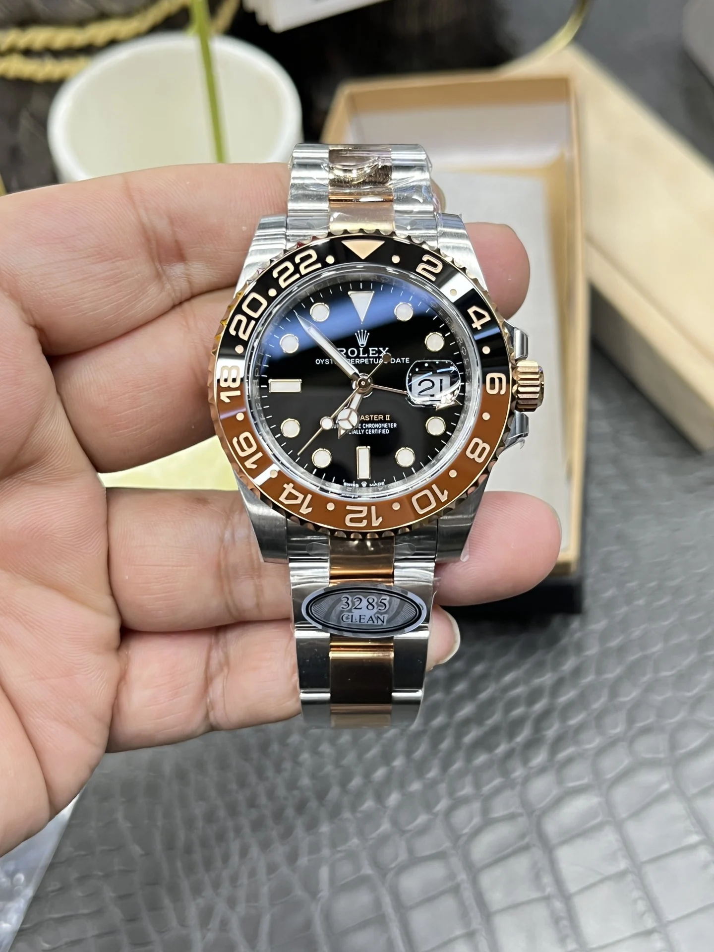 Rolex Root Beer Two-Tone 40mm — photographed off the sweep
