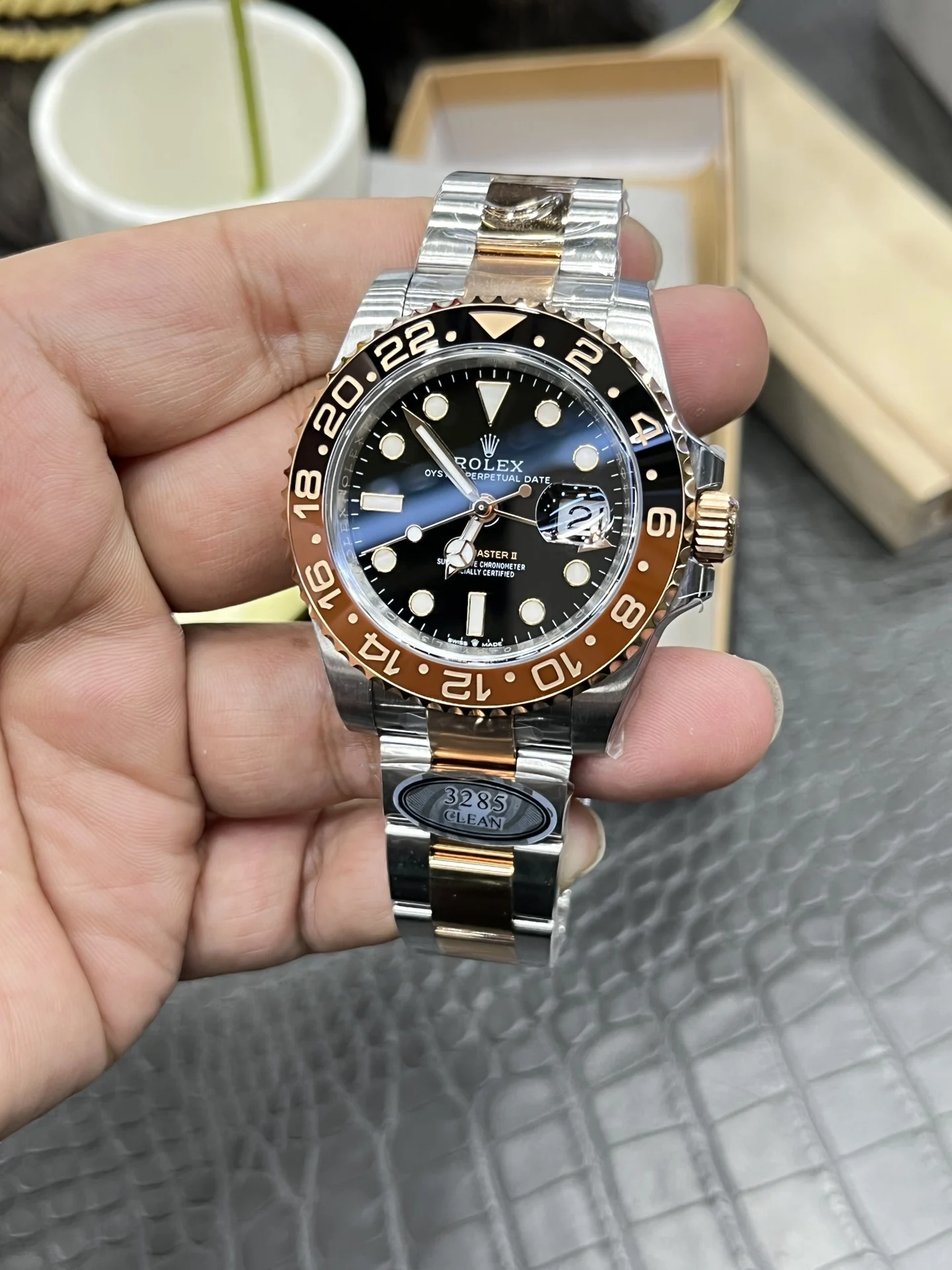 Rolex Root Beer Two-Tone 40mm — photographed off the sweep