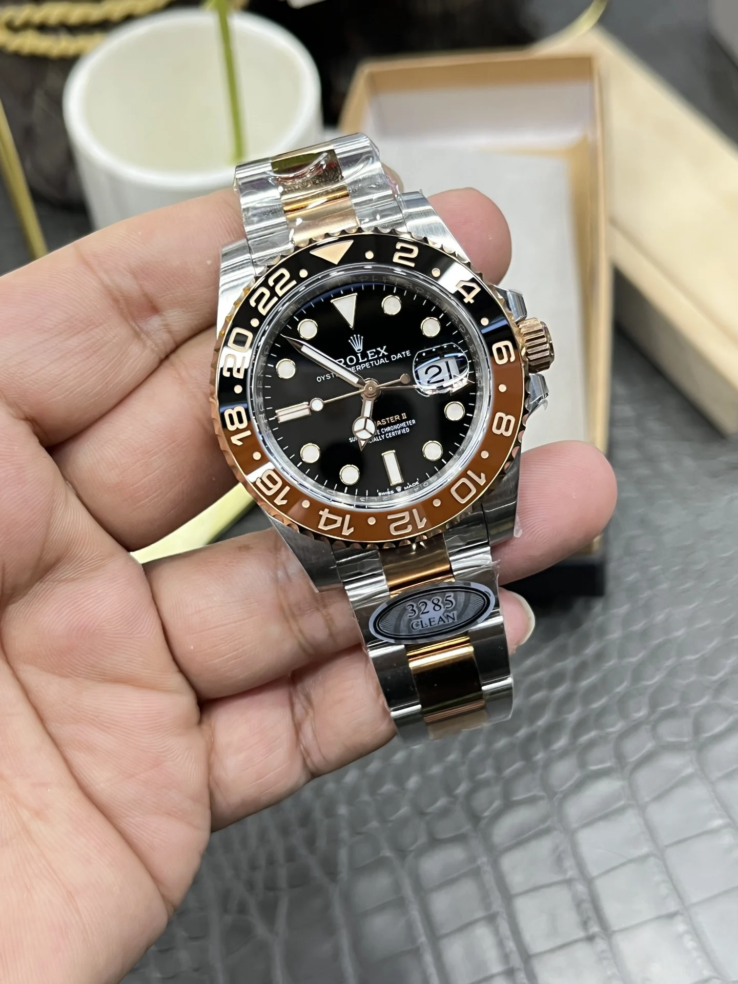 Rolex Root Beer Two-Tone 40mm — photographed off the sweep