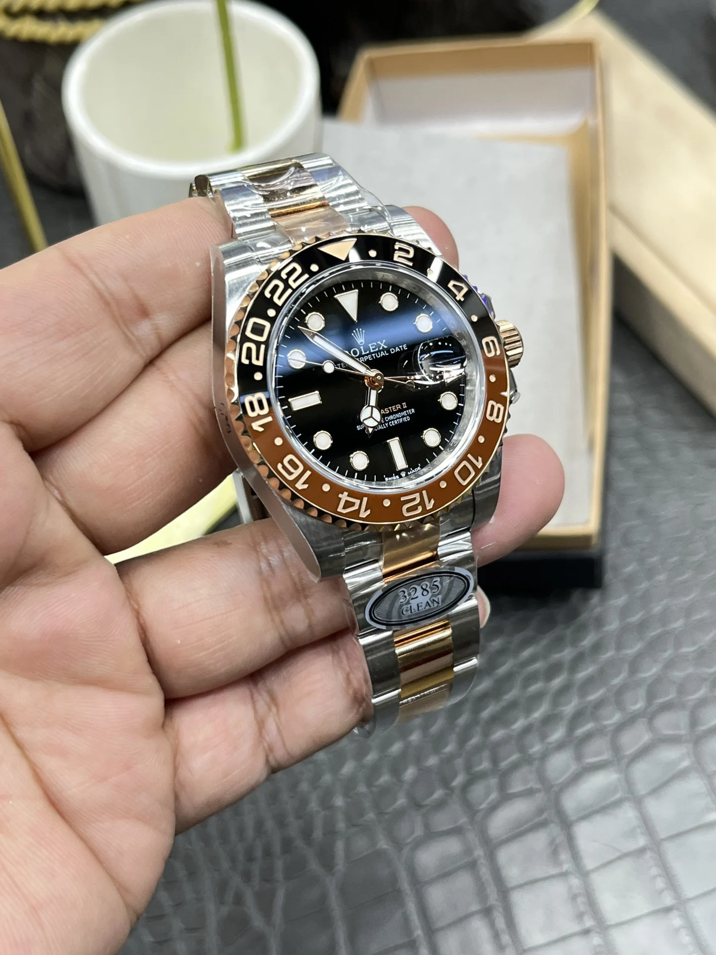 Rolex Root Beer Two-Tone 40mm — photographed off the sweep