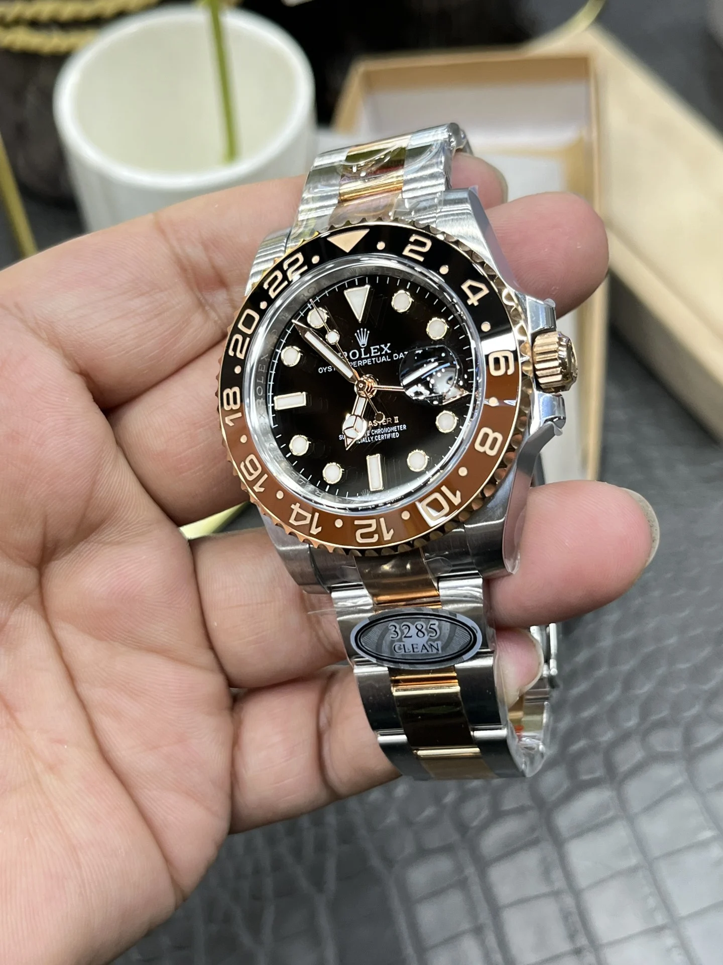 Rolex Root Beer Two-Tone 40mm — photographed off the sweep