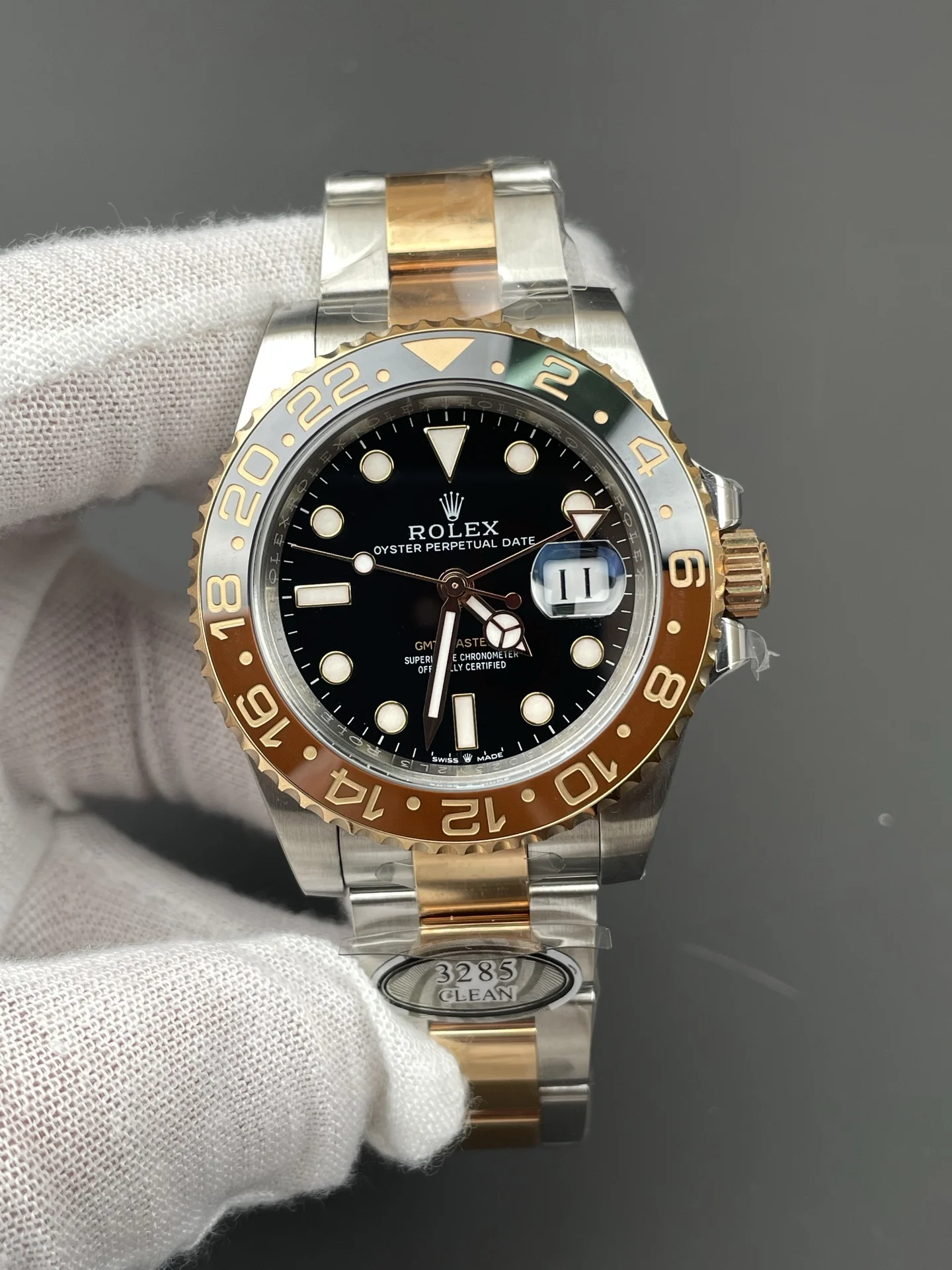 Rolex Root Beer Two-Tone 40mm — photographed off the sweep
