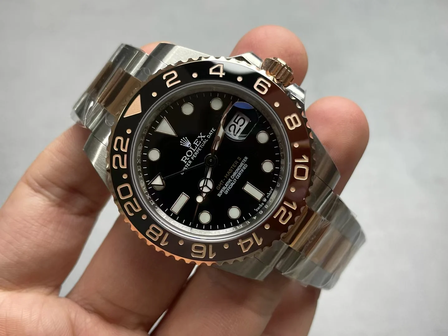 Rolex Root Beer Two-Tone — photographed off the sweep