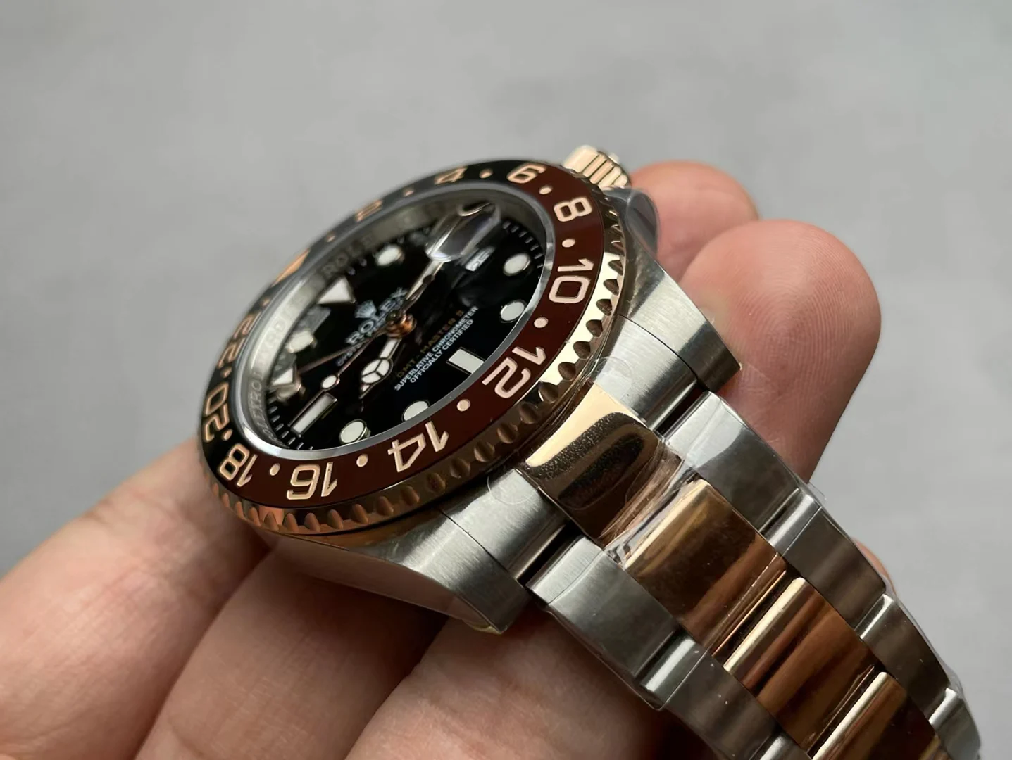 Rolex Root Beer Two-Tone — photographed off the sweep