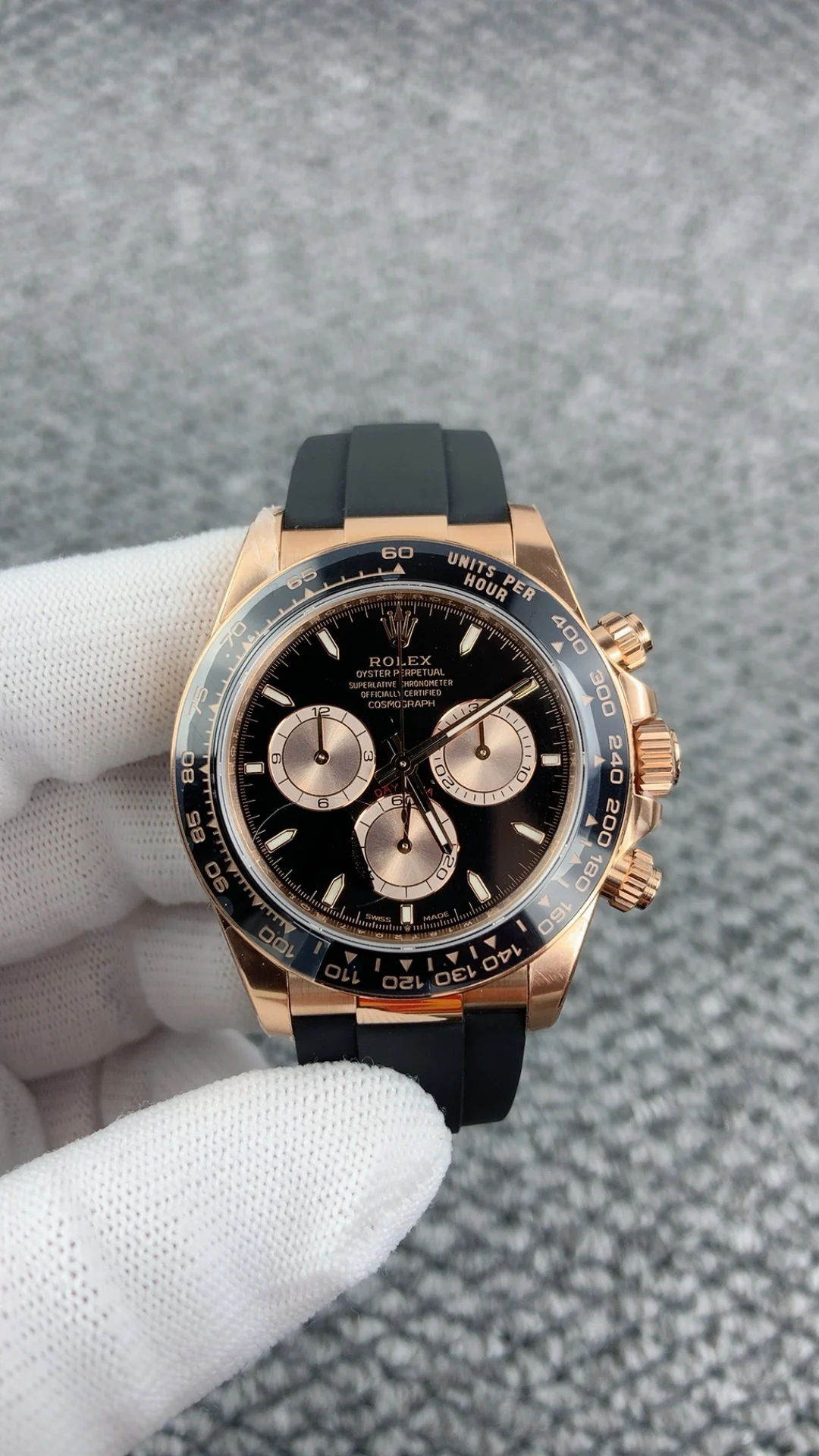 Rolex Rose Gold Black Dial — photographed off the sweep