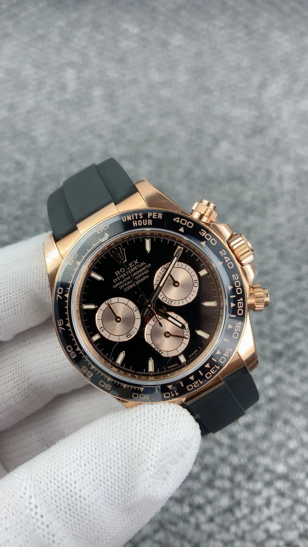 Rolex Rose Gold Black Dial — photographed off the sweep