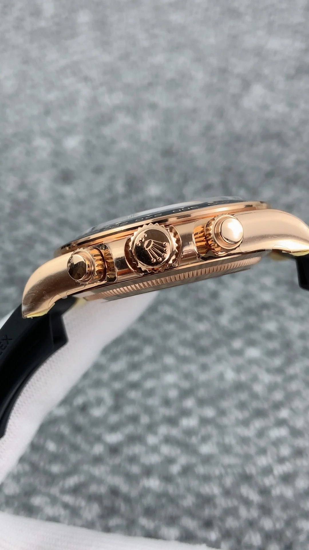 Rolex Rose Gold Black Dial — photographed off the sweep