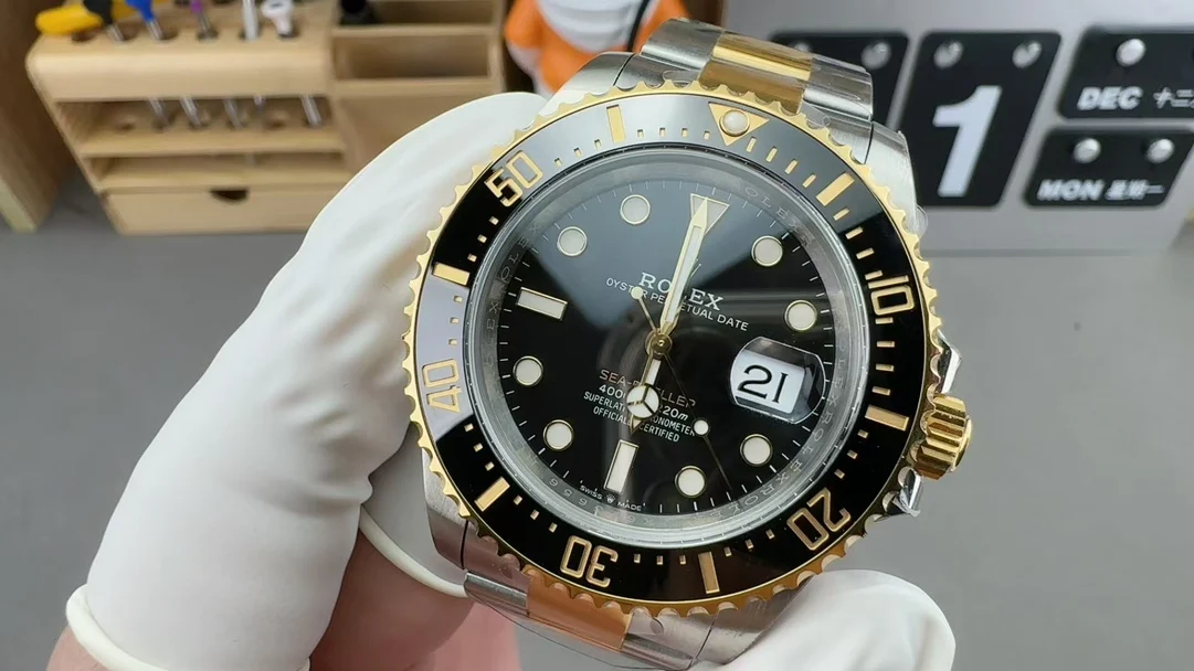 Rolex Sea-Dweller Two-Tone Yellow Dial — photographed off the sweep