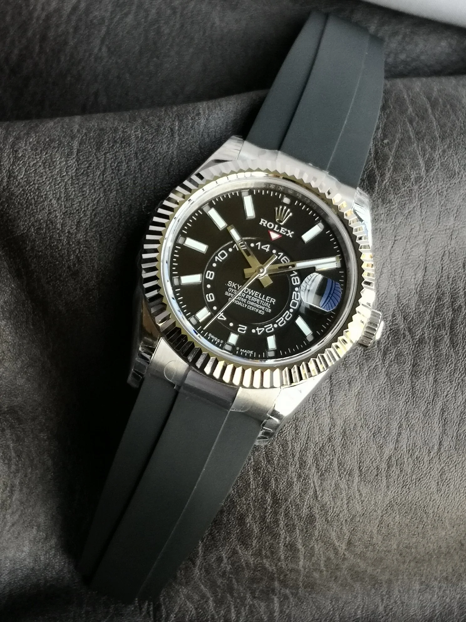 Rolex Sky-Dweller Moon Phase Ice Blue Steel Blue Dial 42mm — photographed off the sweep