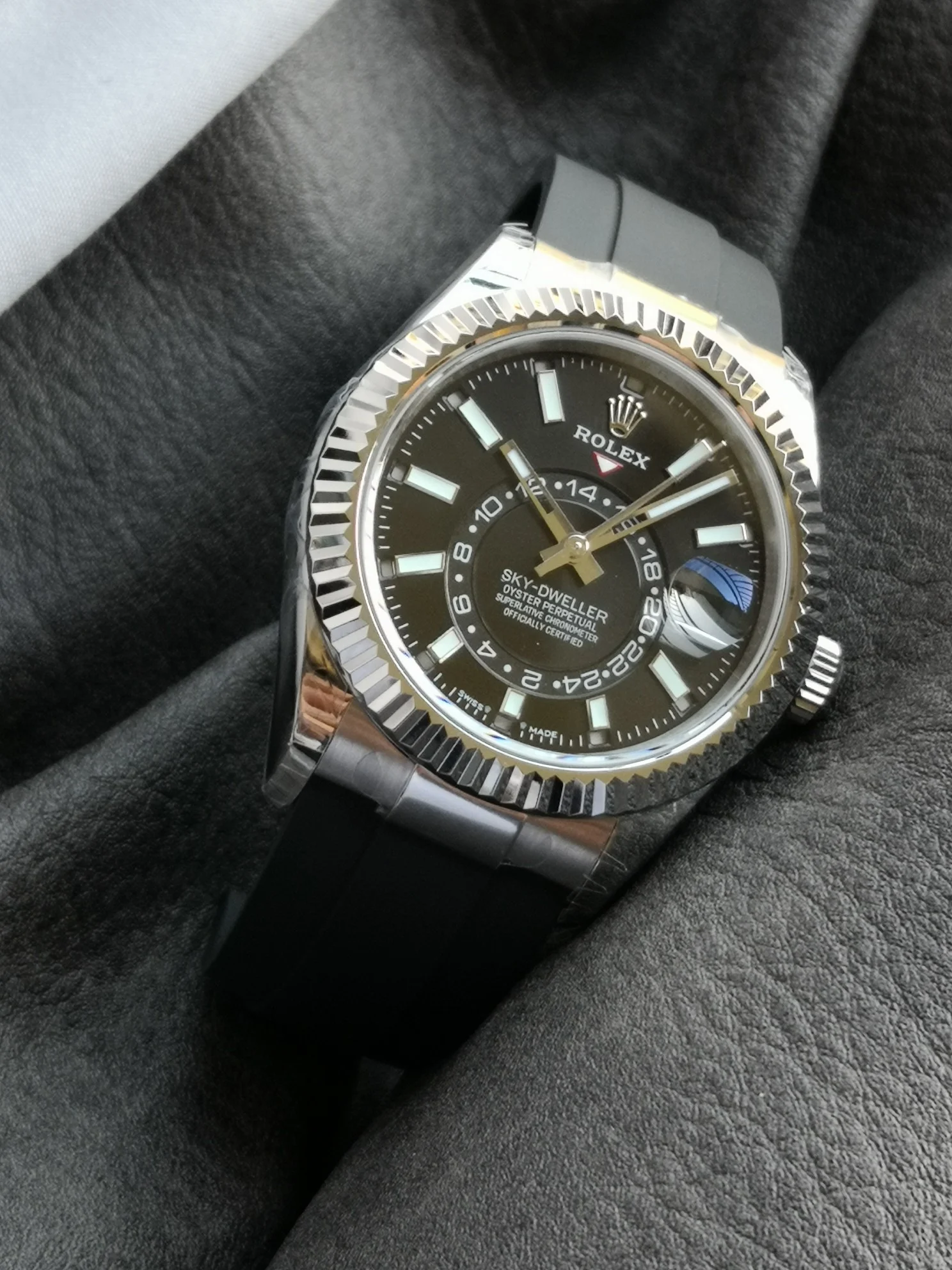 Rolex Sky-Dweller Moon Phase Ice Blue Steel Blue Dial 42mm — photographed off the sweep