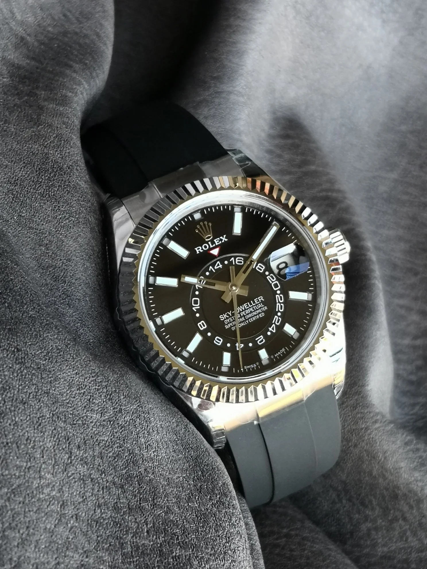 Rolex Sky-Dweller Moon Phase Ice Blue Steel Blue Dial 42mm — photographed off the sweep