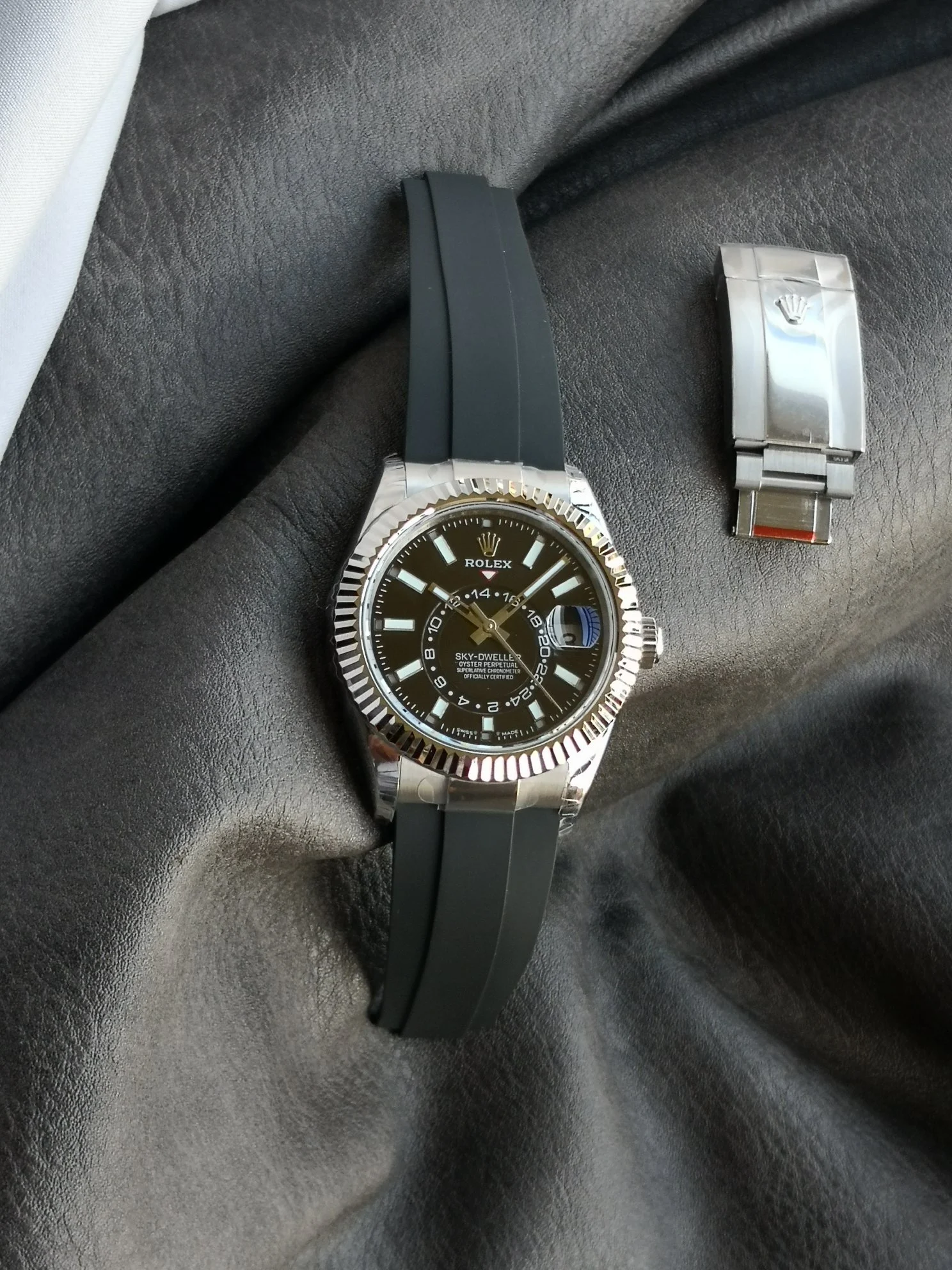 Rolex Sky-Dweller Moon Phase Ice Blue Steel Blue Dial 42mm — photographed off the sweep