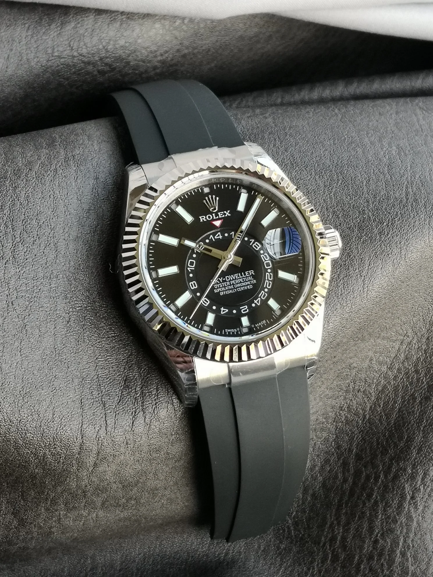 Rolex Sky-Dweller Moon Phase Ice Blue Steel Blue Dial 42mm — photographed off the sweep