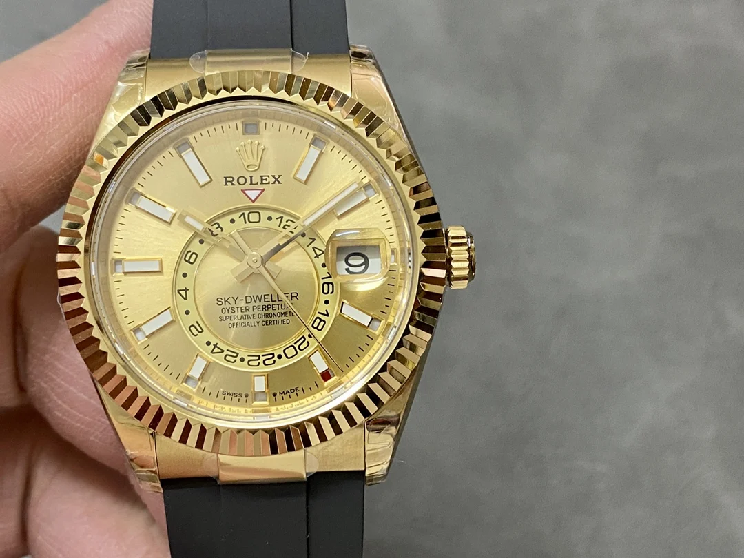 Rolex Sky-Dweller Moon Phase Ice Blue Yellow Gold Blue Dial 42mm — photographed off the sweep