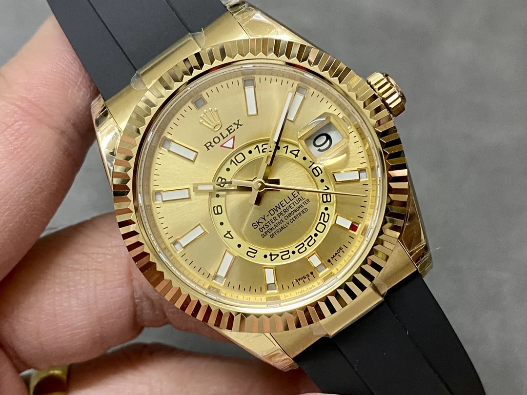 Rolex Sky-Dweller Moon Phase Ice Blue Yellow Gold Blue Dial 42mm — photographed off the sweep
