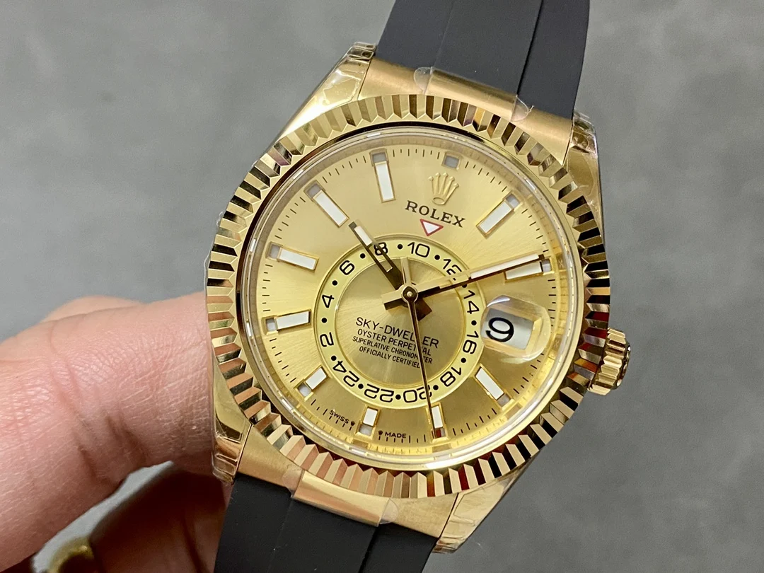 Rolex Sky-Dweller Moon Phase Ice Blue Yellow Gold Blue Dial 42mm — photographed off the sweep